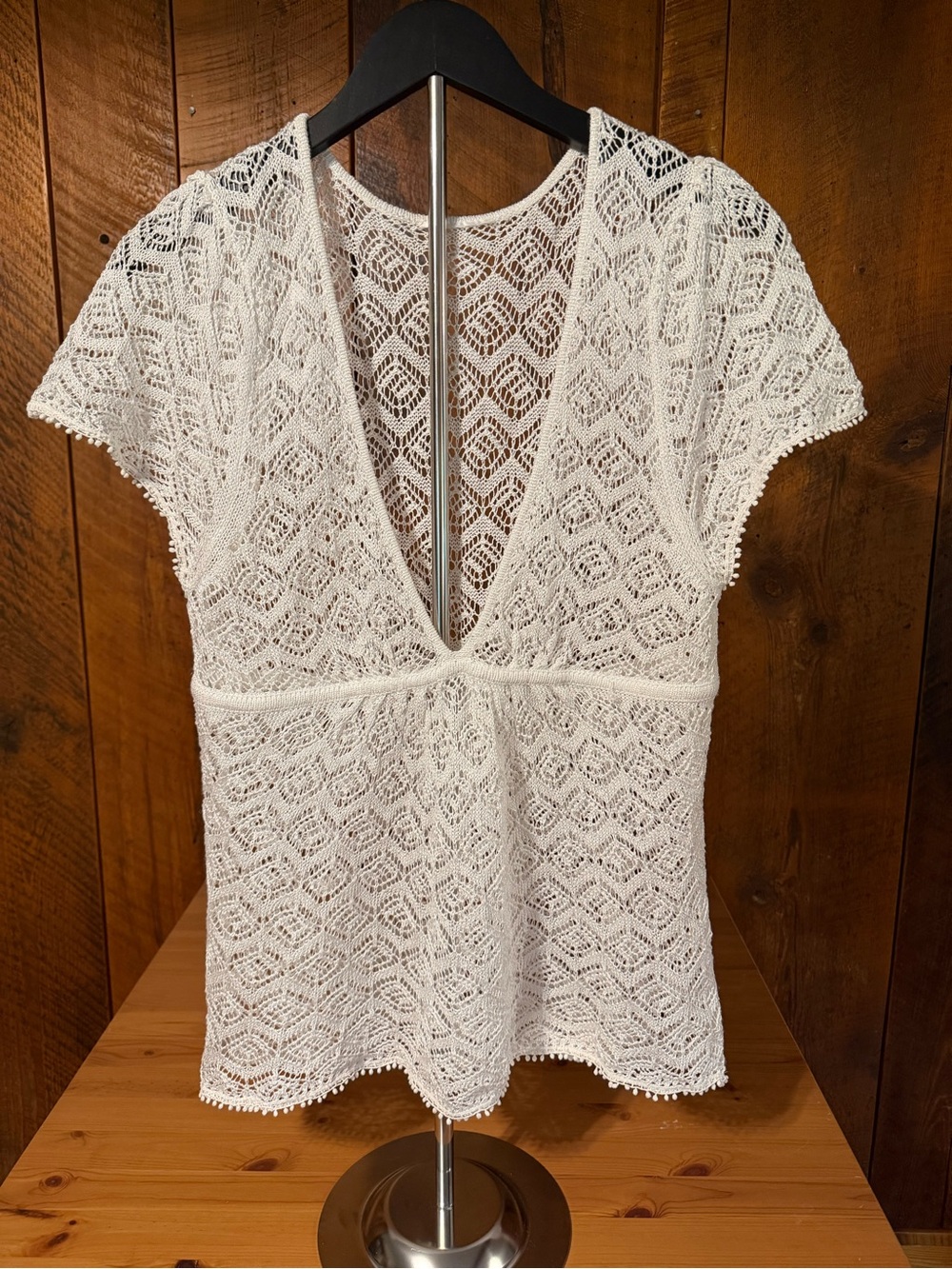 White Lace V-Neck Women's Top Boho Cottagecore Romantic Size M